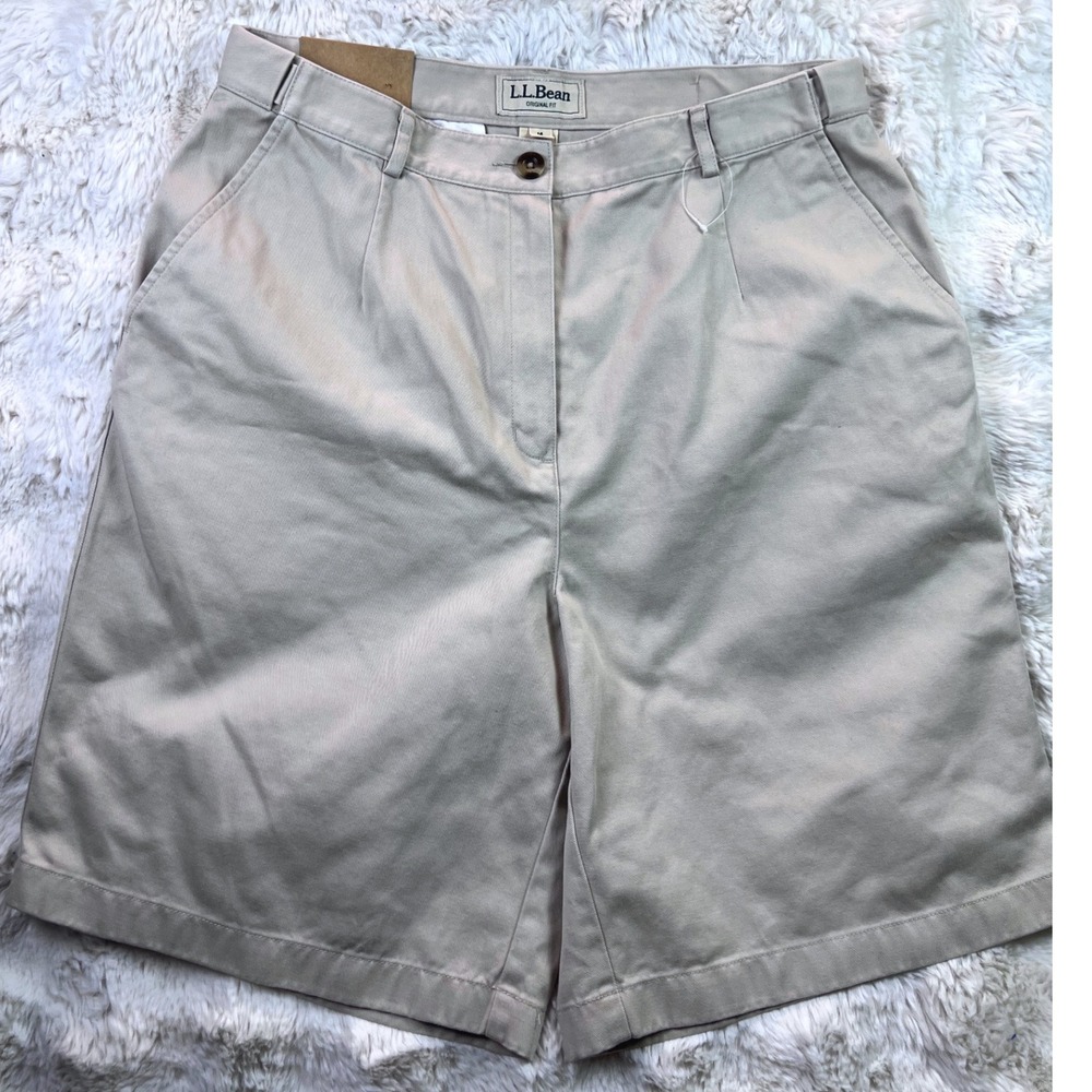 LL Bean Women Khaki Chino Shorts Original Fit Pleated Cotton Tan Size 14  A4